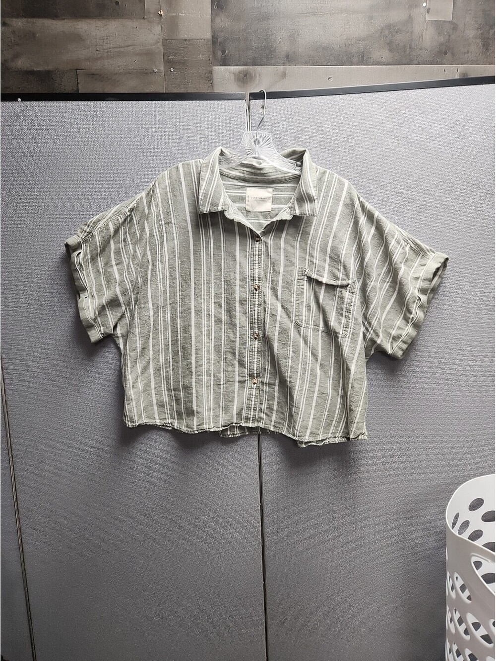 NWT Lucky Brand Sage Green Stripe Button up Shirt Size L cropped Vtg Style Y2K
